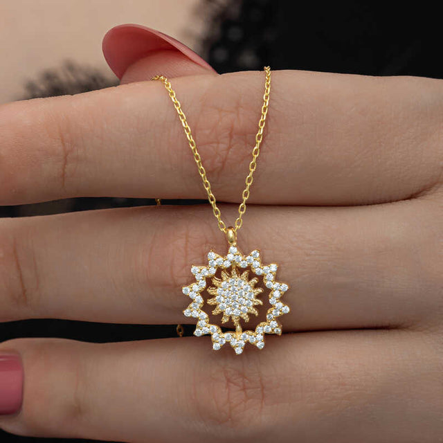 Gold-Tone Zirconia Sunburst Necklace - Dazzling Celestial Pendant