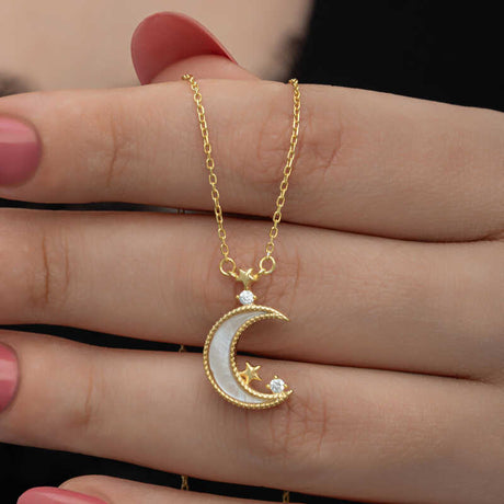 Necklace - Gold-Plated Mother of Pearl Celestial Moon & Star