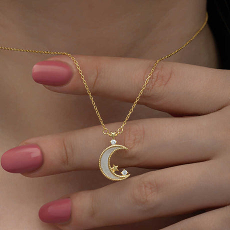 Necklace - Gold-Plated Mother of Pearl Celestial Moon & Star