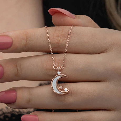 Dainty Rose Gold Plated Moon & Star Necklace with Iridescent Inlay
