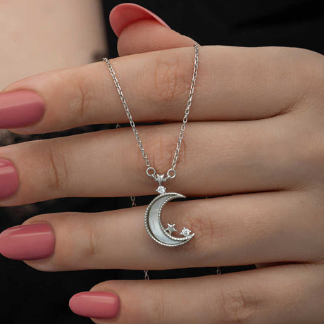 Sterling Silver Necklace - Dainty Crescent Moon & Star with CZ