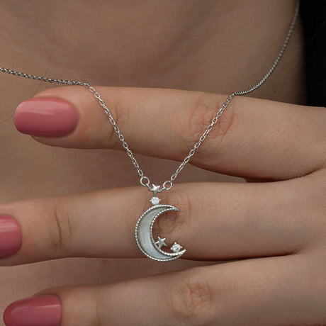Sterling Silver Necklace - Dainty Crescent Moon & Star with CZ
