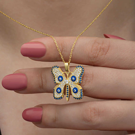 Gold-Tone Butterfly Evil Eye Necklace - Sparkling Clear & Blue Stones