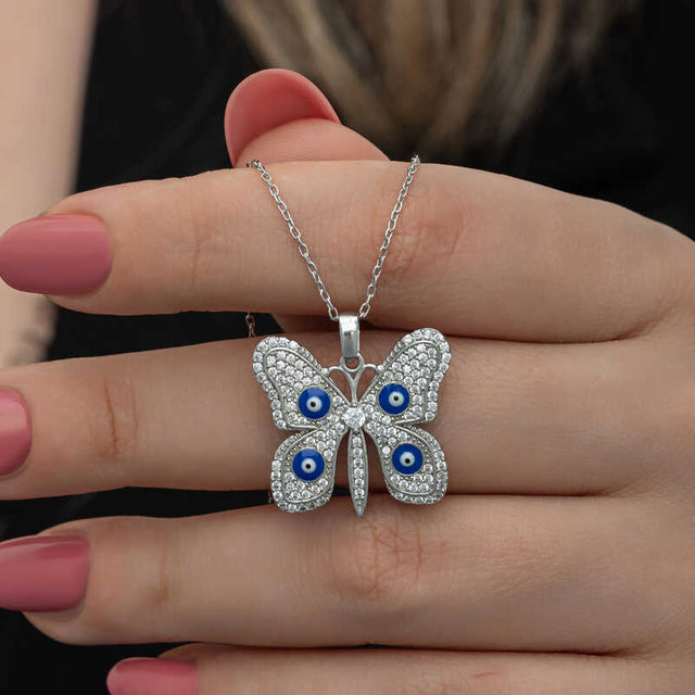 Sterling Silver Butterfly Evil Eye Necklace - Dazzling Zirconia