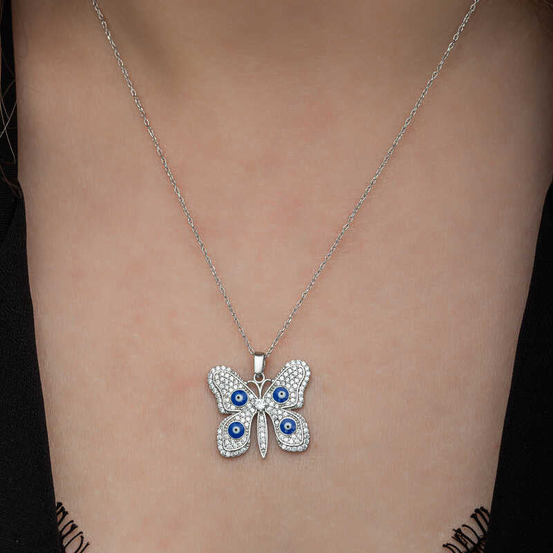 Collier Papillon en Argent Sterling avec Œil Porte-Bonheur - Zirconia Éblouissant