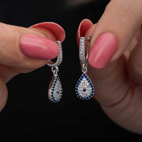 Sterling Silver Teardrop Evil Eye Dangle Earrings - Pave Blue & White Zirconia