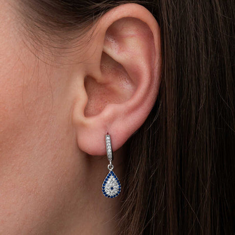 Sterling Silver Teardrop Evil Eye Dangle Earrings - Pave Blue & White Zirconia