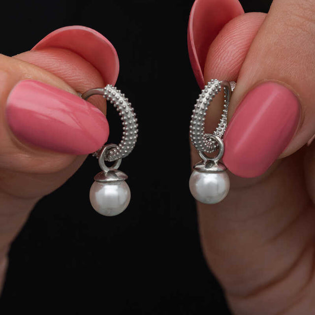 Sterling Silver-Tone Pearl Dangle Hoop Earrings - Elegant Classic Style