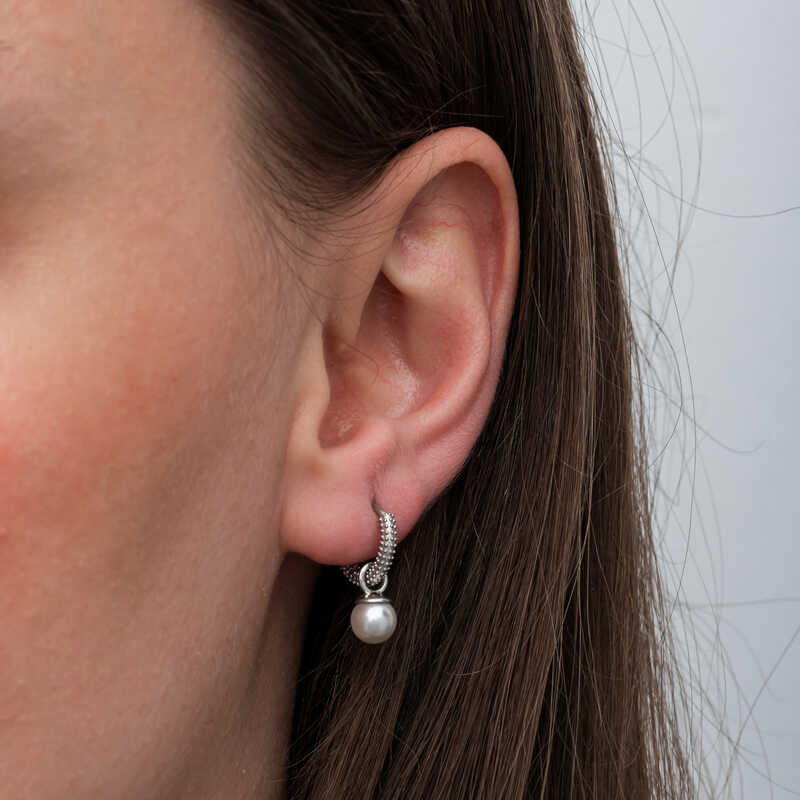 Sterling Silver-Tone Pearl Dangle Hoop Earrings - Elegant Classic Style