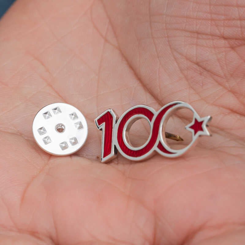 Centennial Commemorative Pin - Silver-Tone Red Enamel Crescent Star