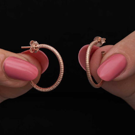 Hoop Earrings - Rose Gold Plated Silver Textured Everyday Style