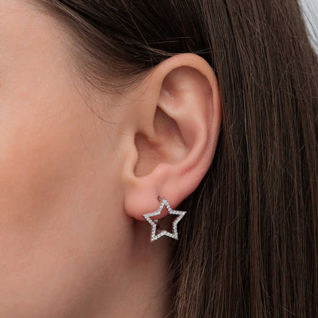 Sterling Silver Pave Star Huggie Hoop Earrings - Dainty & Sparkling