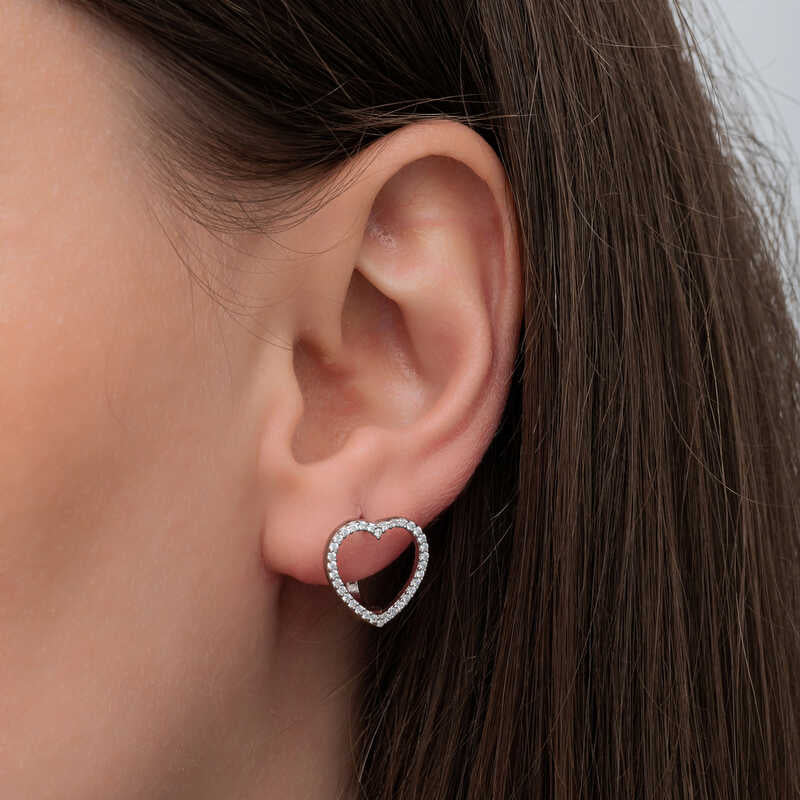 Heart Stud Earrings - Sterling Silver Dainty Pave Design