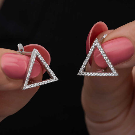 Sterling Silver Cubic Zirconia Triangle Stud Earrings - Modern Geometric