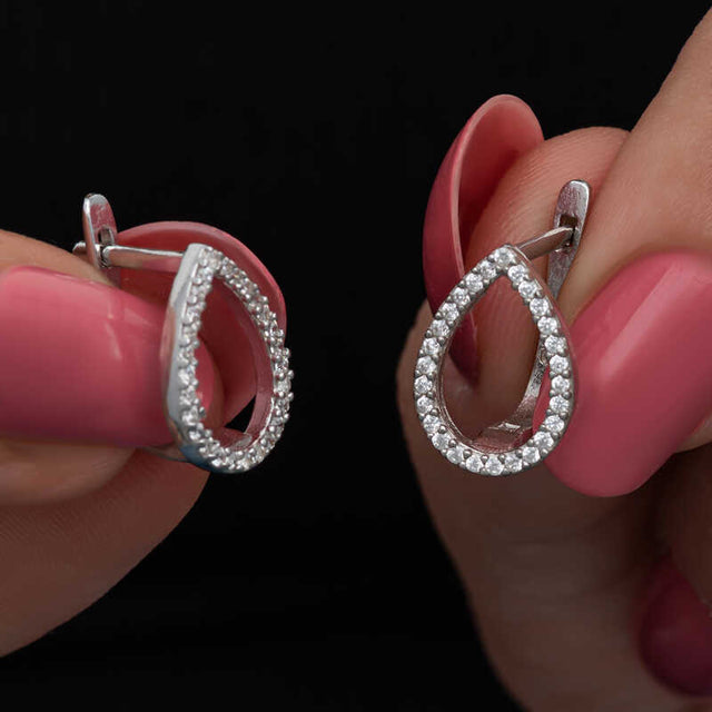 Sterling Silver Teardrop Earrings - Pave White Zirconia Design