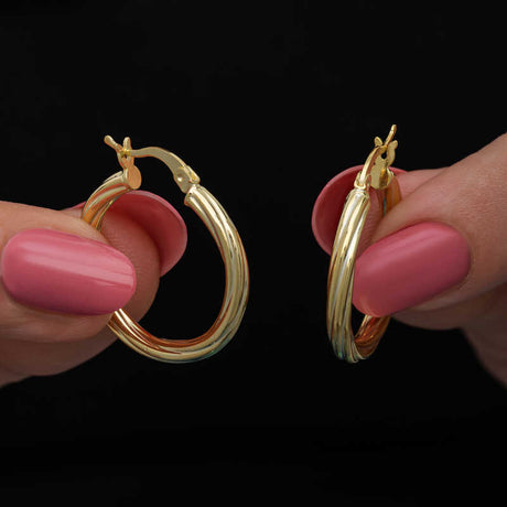 Hoop Earrings - Gold-Plated Sterling Silver Ribbed Classic Style