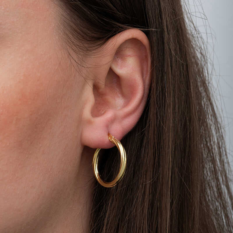 Hoop Earrings - Gold-Plated Sterling Silver Ribbed Classic Style