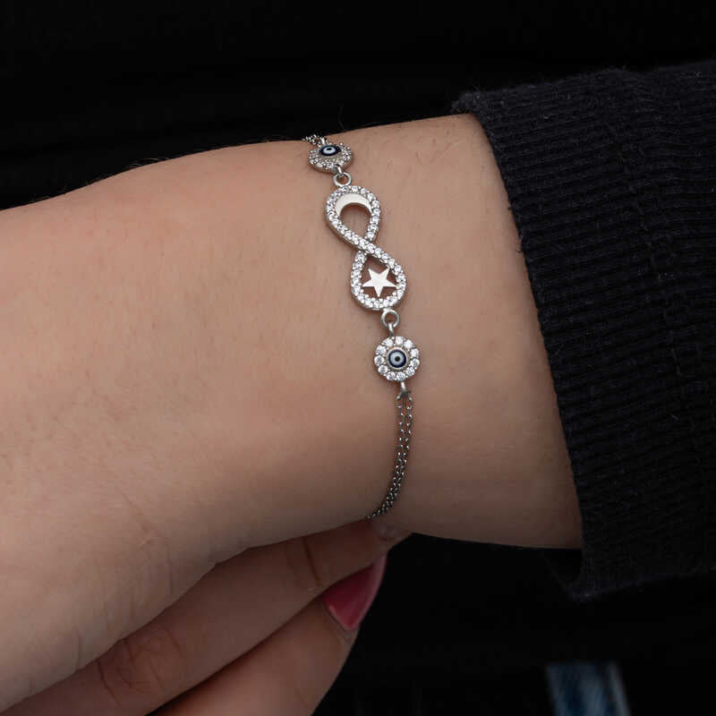 Sterling Silver Infinity Evil Eye Star Crescent Charm Bracelet