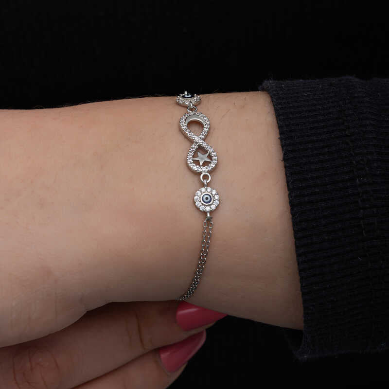 Sterling Silver Infinity Evil Eye Star Crescent Charm Bracelet