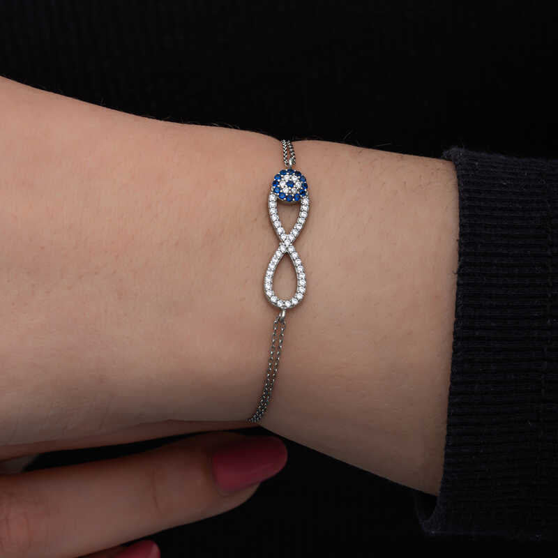 Sterling Silver Evil Eye Infinity Bracelet with CZ Sparkle