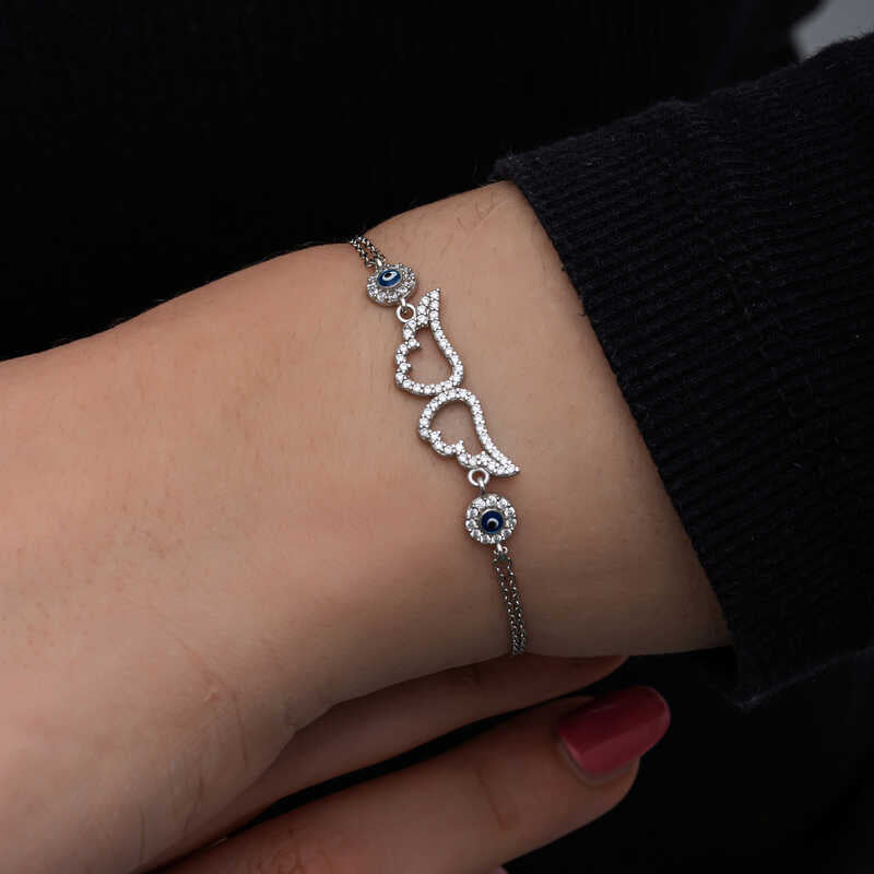 Sterling Silver Angel Wing & Evil Eye Charm Bracelet - Dainty CZ Sparkle