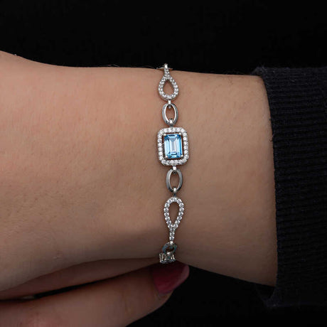 Bracelet - Sterling Silver Baguette Light Blue Gemstone with Pave Accents