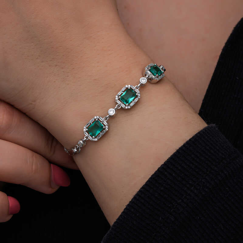 Bracelet - Silver Emerald & CZ Baguette Link Design