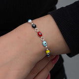 Sterling Silver Multi-Color Evil Eye Link Bracelet - Dainty Enamel Charm