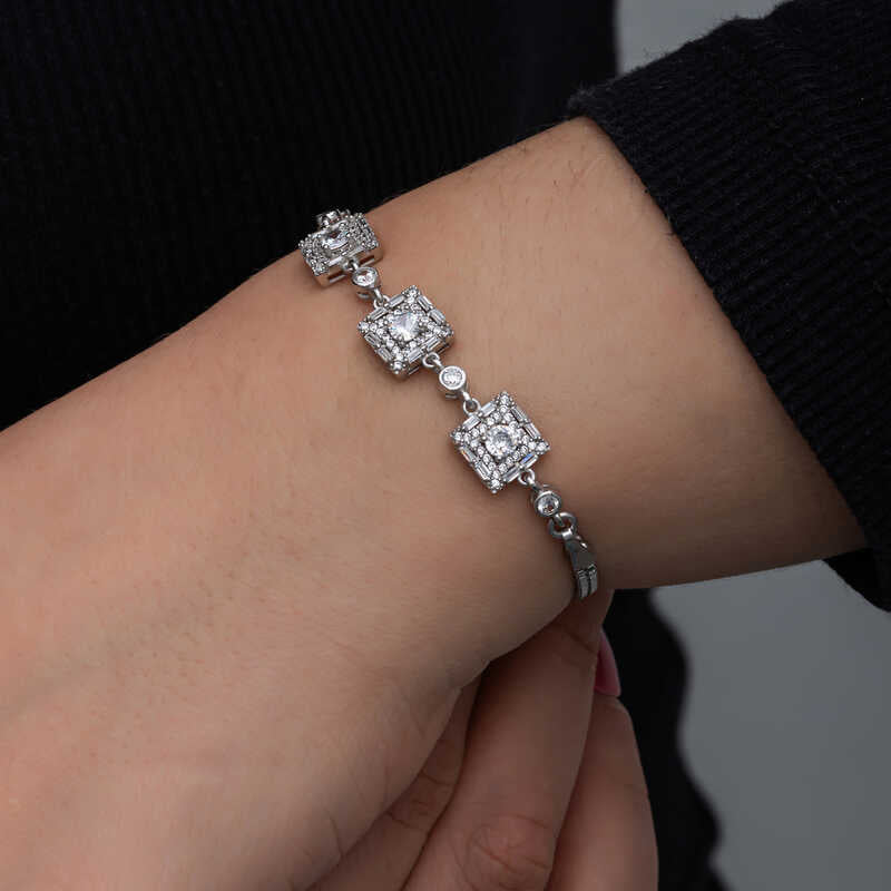 Bracelet - Sterling Silver Dazzling Pave Square Link