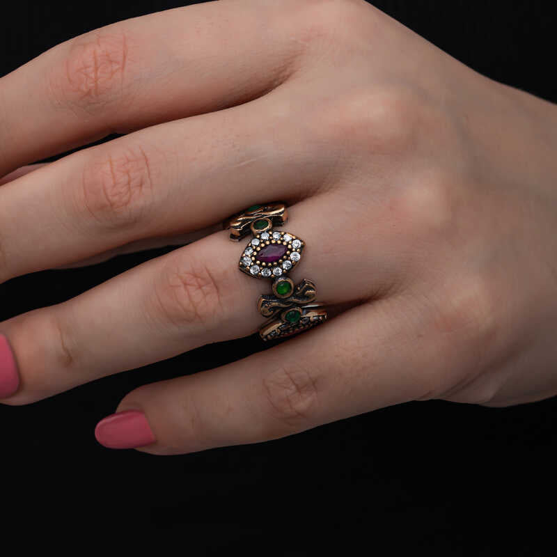 Adjustable Ring - Oxidized Silver Ottoman Multi-Stone Statement Ring