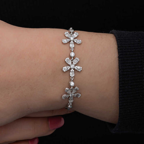 Sterling Silver Baguette Flower Bracelet - Elegant Dainty Sparkle