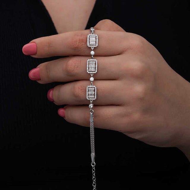 Sterling Silver Baguette Zirconia Bracelet - Dazzling Rectangular Links