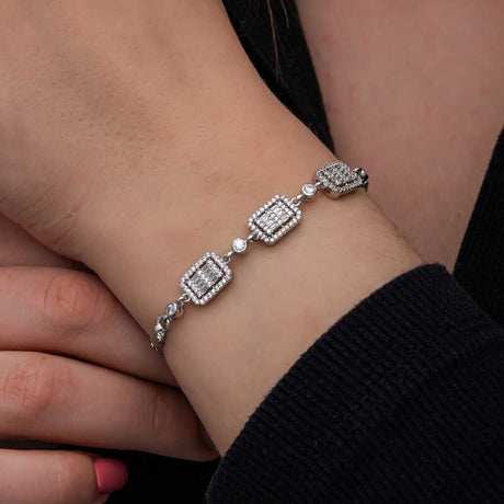 Sterling Silver Baguette Zirconia Bracelet - Dazzling Rectangular Links