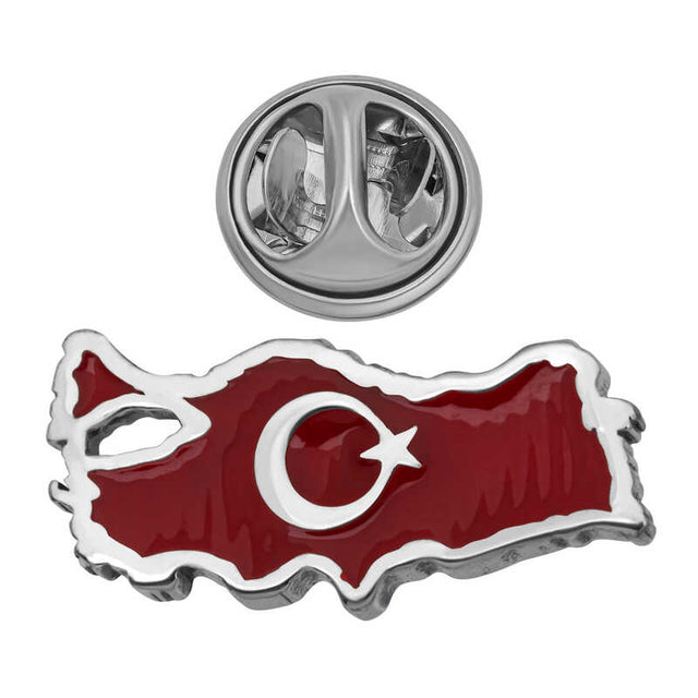 Turkey Map Lapel Pin - Silver-Tone & Enamel Flag Design