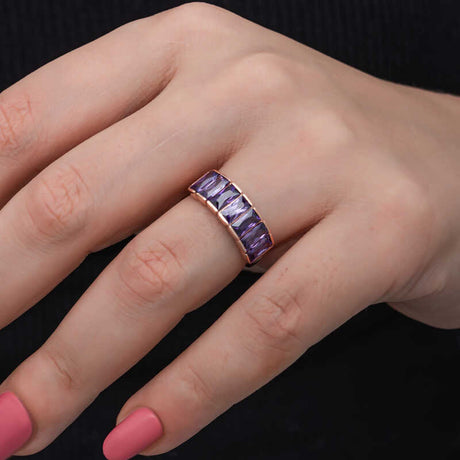 Rose Gold Plated Sterling Silver Ring - Baguette Amethyst Eternity Band