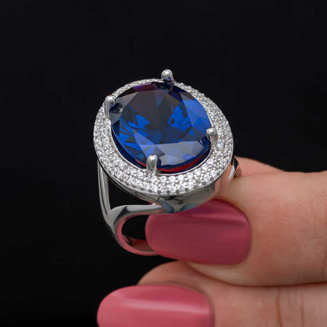 Sterling Silver Oval Sapphire Halo Statement Ring