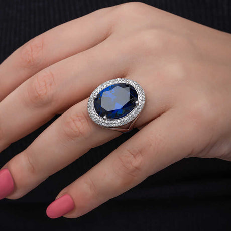 Sterling Silver Oval Sapphire Halo Statement Ring