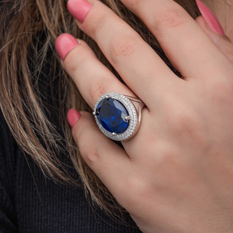 Sterling Silver Oval Sapphire Halo Statement Ring