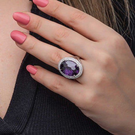 Sterling Silver Amethyst Statement Ring - Oval Pavé Halo Design