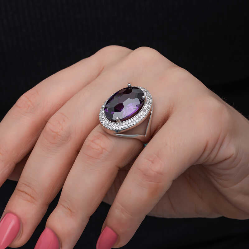 Sterling Silver Amethyst Statement Ring - Oval Pavé Halo Design