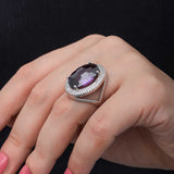 Sterling Silver Amethyst Statement Ring - Oval Pavé Halo Design