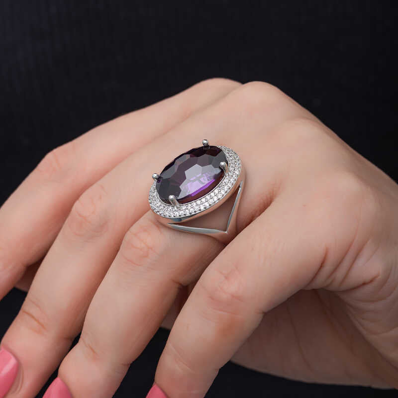 Sterling Silver Amethyst Statement Ring - Oval Pavé Halo Design