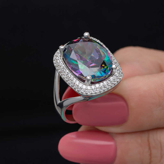 Sterling Silver Mystic Topaz & CZ Halo Statement Ring