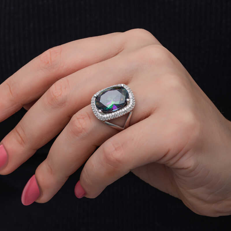 Sterling Silver Mystic Topaz & CZ Halo Statement Ring
