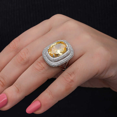 Statement Ring - Oval Citrine & White Stone Double Halo Design