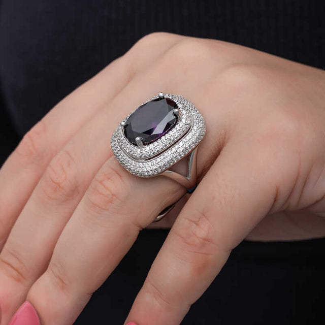 Statement Ring - Amethyst & Pave Double Halo Silver-Tone