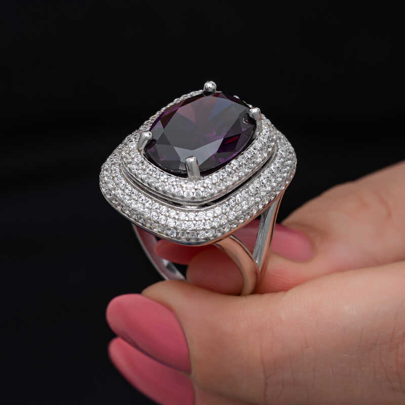Statement Ring - Amethyst & Pave Double Halo Silver-Tone