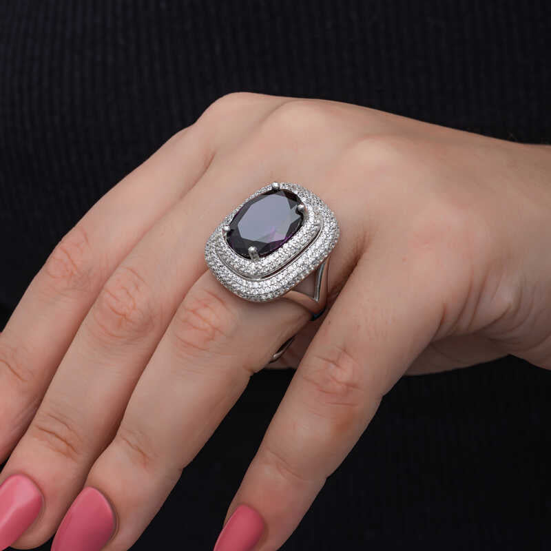 Statement Ring - Amethyst & Pave Double Halo Silver-Tone