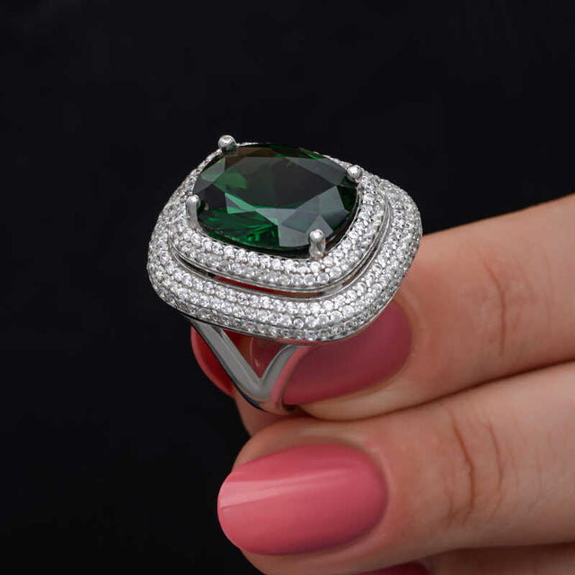 Ring - Silver-Tone Emerald Green Zircon Double Halo Statement Ring