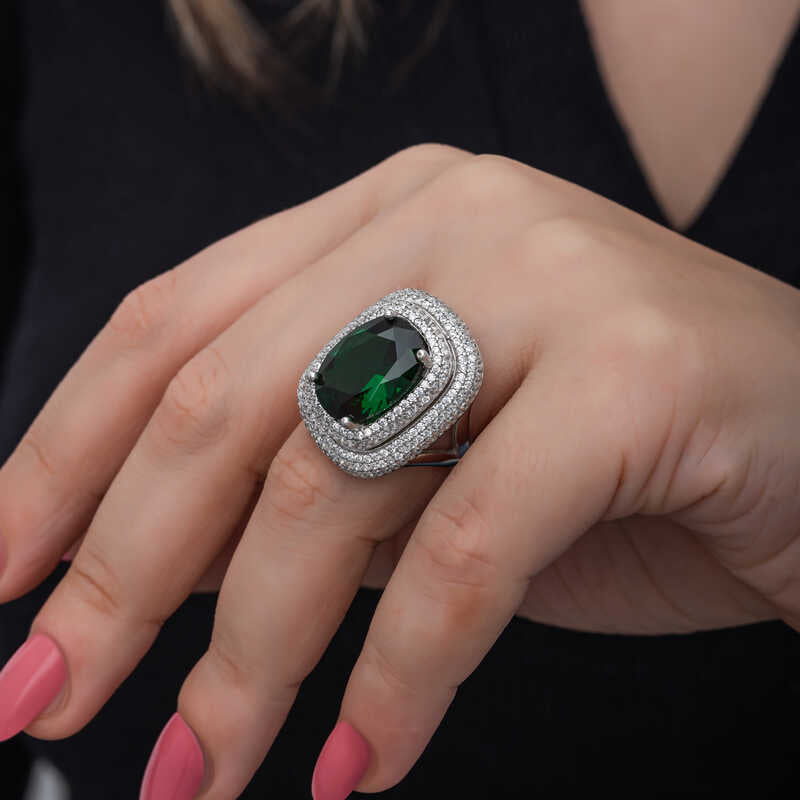 Ring - Silver-Tone Emerald Green Zircon Double Halo Statement Ring
